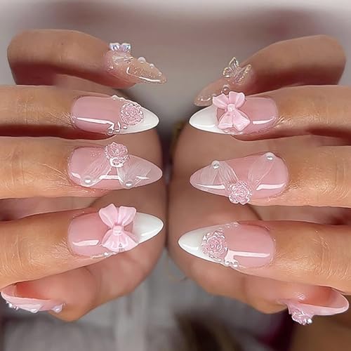 24個の花の花アクリルネイルボウズフェーズネイル白いフレンチチップスティックアーモンドシェイププレスオンホリデー