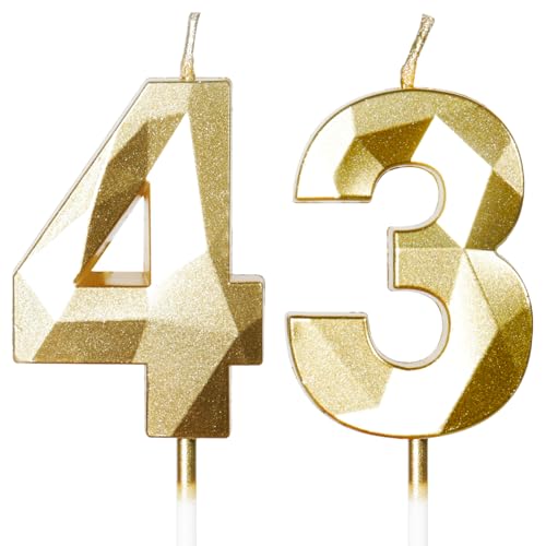 Bougies d'Anniversaire 43 Ans Dorées - Numéro 43 Or - Bougies Dorées pour Gâteau - Décoration de Fête Brillante - Anniversaire, Mariage, Fête, Cérémonie