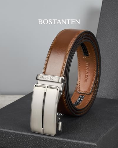 Image of BOSTANTEN Ratchet Belts for Men Leather Trim to Fit 1 3 /8 inch Gift Boxed