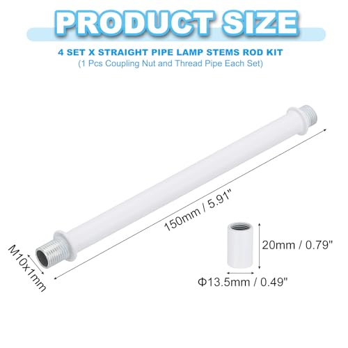 Image of PATIKIL Straight Pipe Lamp Stems Rod Kit, 4Set M10 Carbon Steel 150mm(5.91 inch) Long Double End Thread Rod with Coupling Nuts Sleeve Connector for Table Lamps Chandeliers, White