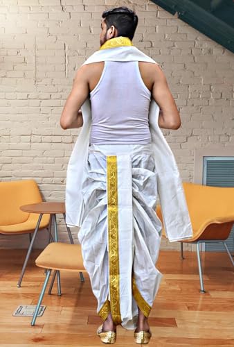 Image of Men's Ethnic | Traditional Ready to wear (Pant System) Readymade Panchakacham Dhoti With Angavastram(Towel) Set, Tassar Silk, Free Size (GC002)