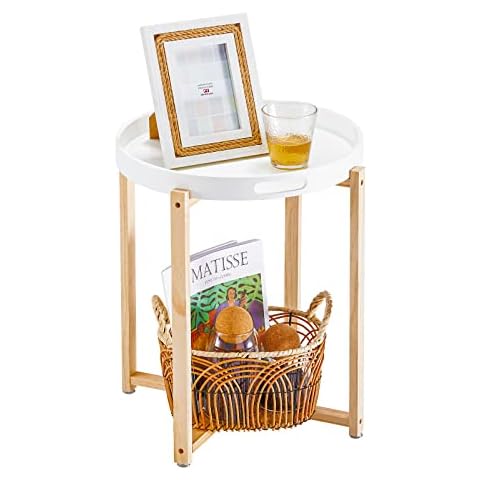APICIZON Round Side Table with Removable Tray, X-Shape Scandinavian Coffee Table, Small End Table for Living room Bedroom and Balcony, 40 x 50 cm, White/Oak Cover
