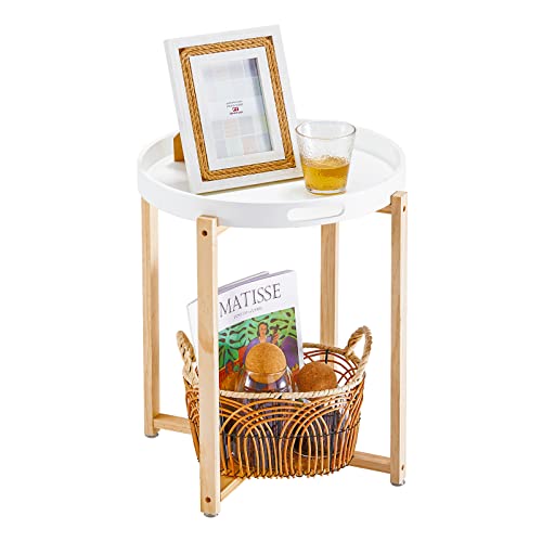 APICIZON Table de chevet ronde en forme de X pour salon, chambre à coucher et balcon, en bois, 40 x 50 cm, blanc/nature Cover