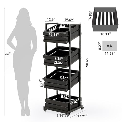 LITTLE TREE 4-Tier Basket Stand with Locked Wheels, Mobile Fruit and Vegetable Storage, Floor Stand Rack, Utility Shelf, for Kitchen, Living Room, Pantry (Black) by LITTLE TREE - Used condition - Image 7