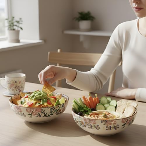 Image of SNS Botanical Bloom Decal Ceramic Serving Bowl | Premium Salad & Snacks Bowl | Semi-Matt Floral Dinnerware for Oats Pasta Fruits & Desserts | Tableware for Gifting (Botanical Bloom Deep Bowl)