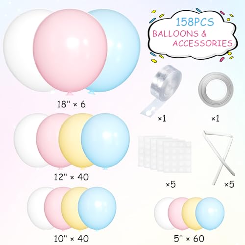 Image of MEBAY Pastel Balloon Garland Arch Kit 146Pcs Macaron Pink Blue White Yellow Latex Balloons Different Sizes 18 12 10 5 Inch for Gender Reveal Baby Shower Wedding Birthday Party Decoration