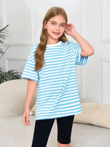Image of Haloumoning Girls Striped Short Sleeve T Shirts Kids Summer Oversized Tops Casual Crewneck Tees 5-14 Years