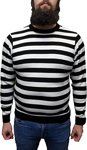 Image of Mazeys Mens Retro Striped Crew Neck Long Sleeve Jumper (White/Black) Size XLarge