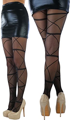 Image of ToBeInStyle Women's Strappy Zig Zag Lace Up Bandage Print Fashion Goth Tights