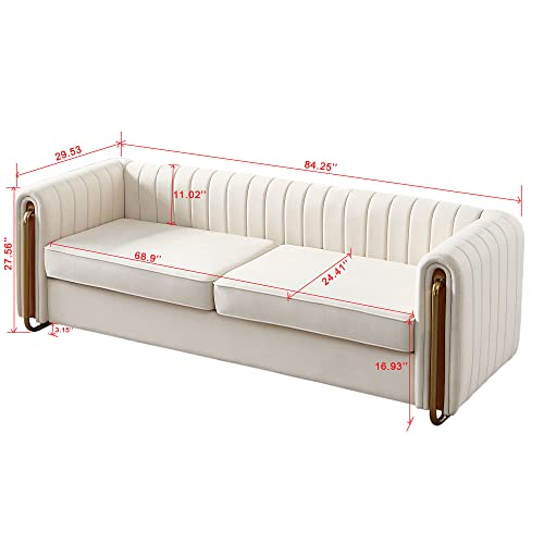 Image of KEIKI 84 inch Velvet Deep Channel Tufted Sofa with Back Cushions and Rolled Arms, Modern Style 3-Seater Couch with Golden Polished Steel Legs, Easy Assembly, for Living Room, Bedroom, Office, Beige