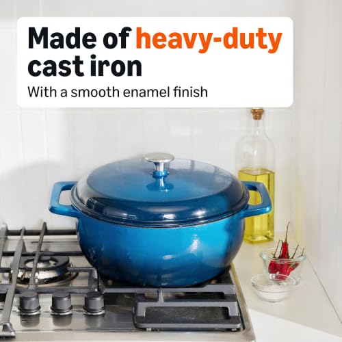 Image of Amazon Basics Enameled Cast Iron Dutch Oven Pot with Lid, Round, Dual Handles, Heavy-Duty, Oven Safe for Stews, Roasting, Baking, 6-Quart, Blue