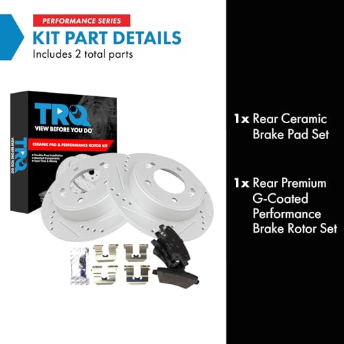 Image of TRQ Performance Rear Brake Pad and Rotor Set Ceramic Drilled Slotted G Coated Rotors Compatible with 2017-2020 Hyundai Elantra 2020-2022 Venue 2020-2022 Kia Soul