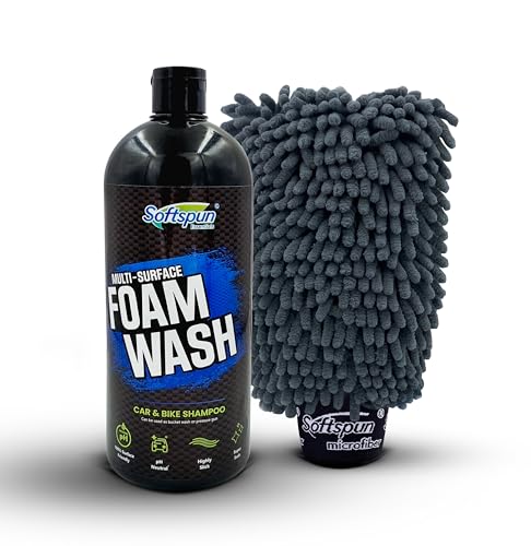 Image of SOFTSPUN Essentials 1Ltr Car & Bike pH Neutral Premium Liquid Shampoo+1700gsm 1pc Double Side Glove Grey Combo | Extra Suds, Removes Tough Dirt & Grime | Works with Bucket & Foam Cannon
