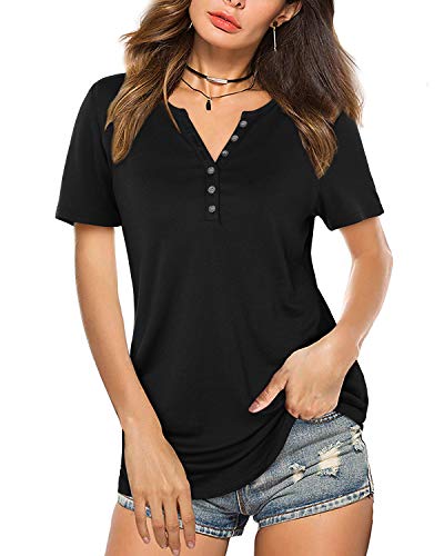 Kilig Women's Short Sleeve V-Neck Button Loose Casual Tops Blouse Henley T Shirts(A1-Black,X-Large) #TOP30