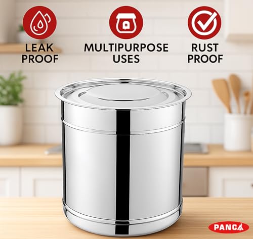 Image of PANCA Stainless Steel Pawali Storage Drum | 13 Litre Capacity (Size 12) | Durable Food-Grade Steel Drum for Kitchen Storage | Ideal for Rice, Atta, Flour, Grains & Water | (Silver)