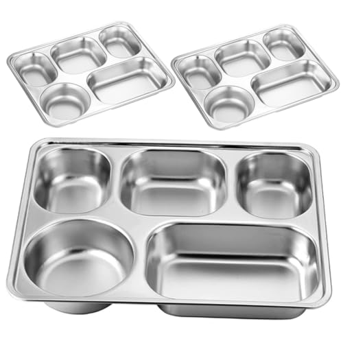 SOLUSTRE Bandejas De Cafetería De Acero Inoxidable, 3 Piezas, Rectangulares 5 Compartimentos Profundos, Aptas Para Adultos, Uso Camping y Restauración, Apilables y Resistentes