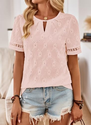 Womens Summer Tops Keyhole Crew Neck Eyelet Lace Short Sleeve Blouses Boho Casual Hollow Out Embroidered Shirts2