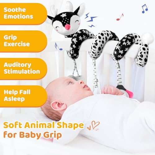Image of Car Seat Toys for Babies 0-6 Months Boy&Girl, Carseat Toys Hanging Black and White High Contrast Toy for Baby 0-3 Months, Spiral Activity Plush Toys Stroller Toys for 0 3 6 9 12 Months Baby Ideal Gift