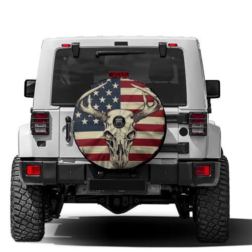 Image of Delerain Spare Tire Cover with Backup Camera Hole American Flag Deer Skull Wheel Covers Waterproof Dust-Proof UV Sun Universal Fit for Trailer RV SUV Truck (18 Inch for Diameter 32 inch-34 inch)
