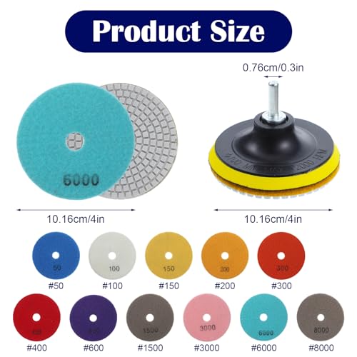 Image of 13PCS 4 Inch Diamond Polishing Pads Set, 5 /8''-11 Backer Pad, 50-8000 Grit Pads, Wet /Dry Granite Stone Polish Pad, Grinder Polishing Kit for Granite, Marble, Tile, Stone, Concrete, Quartz Countertop
