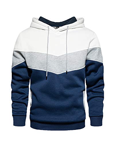 Mens Casual Pullover Fleece Hoodies Contrast Color Long Sleeve Cozy Sport Outwear Regular Fit with Pockets