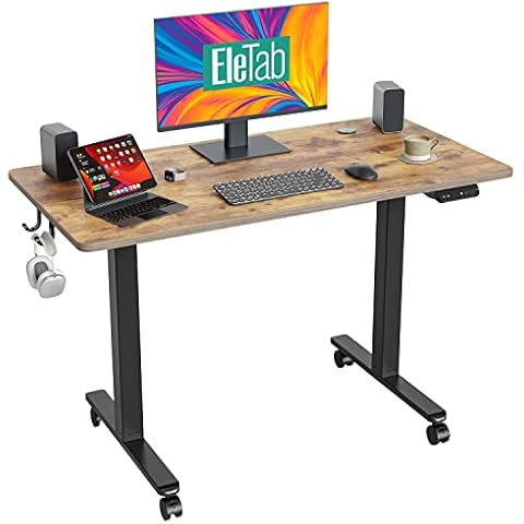 EleTab Standing Desk, 48 x 24 Inch Electric Stand up Height Adjustable Home Office Table, Sit Stand Desk with Splice Board, Black Frame & Rustic Brown Desktop Cover