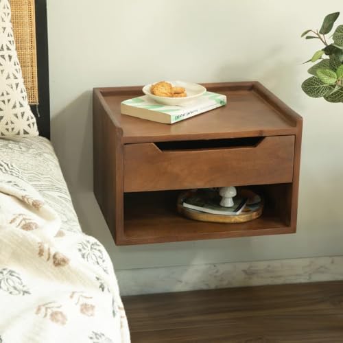 Image of Solid Sheesham Wood Wall Mounted Nightstand | Bedside Table with Drawer & Open Shelf | Space Saving Side Table for Bedroom & Living Room Decor | Modern End Table