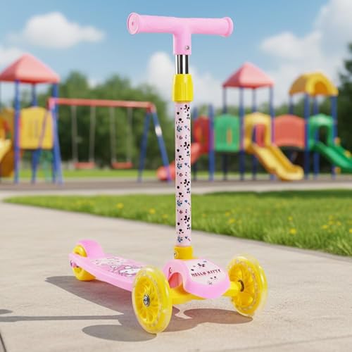 Image of StarAndDaisy X Hello Kitty Kick Scooter for Kids 3+ Years, Foldable Skate Scooter for Children Girls & Boys with 4 Level Adjustable Height, LED Wheels & Brakes - Pink