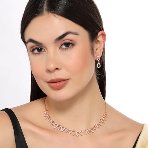 Image of Nilu's Collection Rose Gold Plated Necklace Set With Matching Earrrings For Women And Girls | Anti-Tarnish | Anti-Allergy| Anniversary Gift |Gifting
