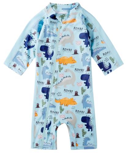 Baby Boy Swimsuit Rash Guard Toddler Sun Protection Swimwear Infant One Piece Bathing Suit with Sun Hat(Aqua Dinosaur,9-12Months)