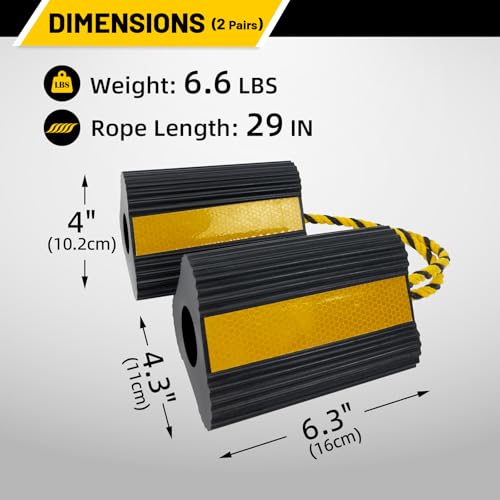 ROBLOCK Heavy Duty Wheel Chocks (2Pair/4Pack) with Rope & Reflective Strips for RV, Trailer, Truck & Car