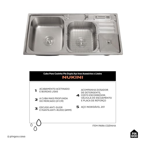 Pingoo.casa, Cuba Dupla Gourmet para Cozinha com Acessórios e Lixeira Aço Inox 201 92x45cm Nukini -