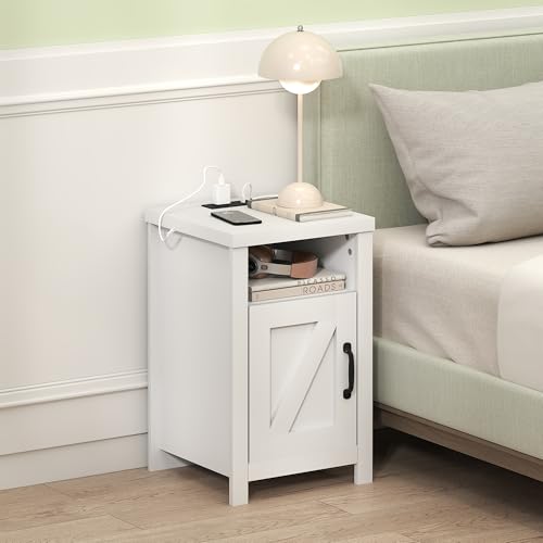 Furinno Farmhouse Nightstand with Charging Station, Bedside Table, Side Table, End Table with Door, USB Ports and Outlets, for Bedroom, Closet, Dorm, White - image 1