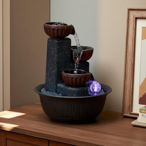 Image of 3-Tier Tabletop Water Fountain with Warm Ambient Light, Cascading Bowl Design, Compact Indoor Desk Decor, 8.3x6.3 inch Indoor Calming Cascading Waterfall Fountain (Brown)
