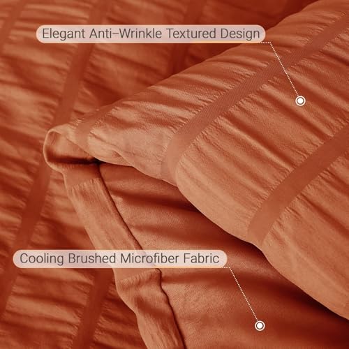 Image of MUXHOMO 7 Pieces King Comforter Set, Seersucker Bed in a Bag King Size, All Season Luxury Bedding Set with Comforter, Flat Sheet, Fitted Sheet, Pillowcases & Shams, Burnt Orange