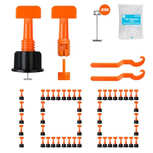 Storystore Tile Leveling System Kit 100 PCS 1/16 Levelers 500 PCS Spacer Clips and 50 Steel Wedges and 2 Wrenches Reusable Tile Spacers Leveling System for Walls & Floors Installation