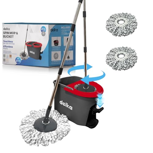 delka Spin Mop and Bucket Set – Easy Foot Pedal Water Removal, 360° Swivel Motion, Includes 2 Microfibre Mop Heads, All-Surface Cleaning, Splash Guard for Clean Mopping (Spin Mop Black and Red)
