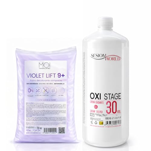 Pack Oxigenada en Crema 1000ml 30 Vol + Polvos Decolorantes de Cabello VIOLETA 9 tonos 500gr | Fórmula Vegana | Superaclarante | Antiamarillo | Con Keratina y Betaína sesioMWorld