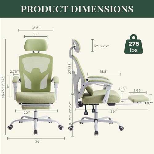 Image of Ergonomic Office Chair with Footrest, High Back Home Desk Computer Chair with Lumbar Support & Headrest, 90-135 Reclining Mesh Back with Wheels for Work, Gaming, Green