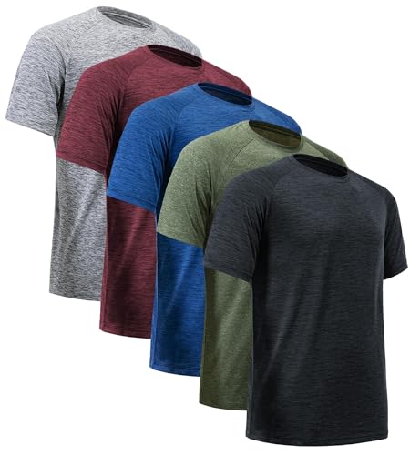 miijoory 5er Pack Sport Tshirts Herren Funktionsshirt Sportshirt Schnelltrocknend Atmungsaktiv Fitnessshirt Trainingsshirt Laufshirt Kurzarm(L,Schwarz, Dunkelgrau, Dunkelblau, Weinrot, Army Green)