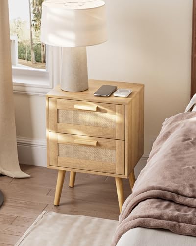 Image of Masupu Rattan Night Stand,Modern nightstand Boho Bedside Table with 2 Drawer,Small End Side Table for Bedroom,Living Room,Office,Natural
