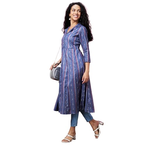 Image of Globus Women Green Casual Striped Lapel Shirt Collar 3 /4th Sleeve A-Line Kurta-3639791001