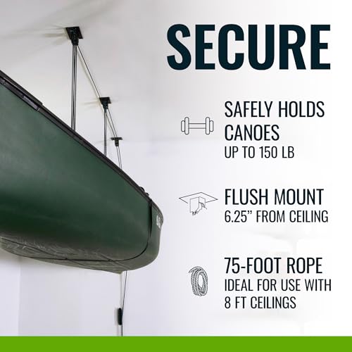 Teal Triangle Heavy Duty Elite Canoe Hoist, Easy-Lift Garage Pulley System, Holds 150 lbs, Fits 8-Foot Ceilings, Patented No-Slip Strap, No Setup Required