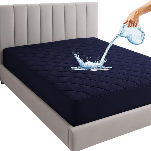 Image of Mattress Protector Queen Size 78x60 In | Ultra-Luxury Hotel Collection Waterproof Quilted Mattress Protector | Cloud-Like Comfort,Breathable & Noiseless | Elastic Fitted Bed Cover (6.5x5 ft,Dark Blue)