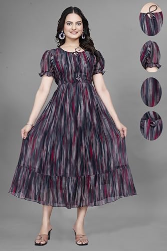 Image of Women Gown with Abstract Print | Georgette One Piece Dress with Puff Sleeves | Round Neck Tiered Midi Frock for Women | Ladies Western Maxi Dress