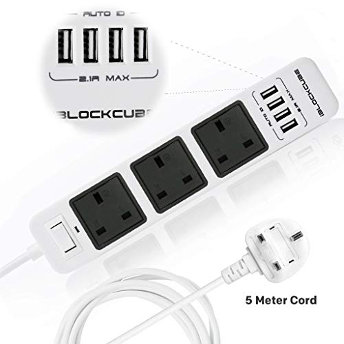 iBlockCube® Extension Lead Power Strips Outlets w/ 4 USB Ports, 5M/16.4FT 3 Way Cable Surge Fuse Protector & Shutter USB Plug Hub Socket 3 Gang Smart Charging Station Cord UK Plug (White-Black)