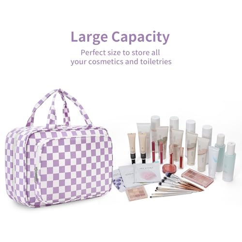 Image of Narwey Large Hanging Toiletry Bag Travel Makeup Bag Cosmetic Organizer for Women and Girls, Z-Purple Checkerboard, Large