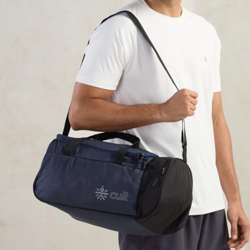 Image of Cult 25 Litre Gym /Duffle Bag for Men & Women - Water-Resistant Sports & Travel Bag with Spacious Main Compartment, Side Mesh Pocket, Durable Zippers & Adjustable Shoulder Strap - Black Navy