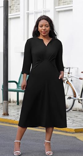 Nmoder Women's Plus Size Stretchy Flared Wrap Dress Casual Wedding Guest Midi Dresses V Neck 3/4 Sleeve A-Line Swing Dress3
