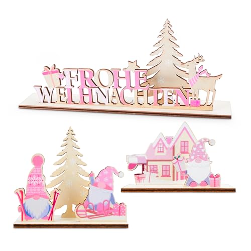 Axlyca Weihnachtliche Tischdekoration aus Holz,3PCS Holz Weihnachtsdeko Aufsteller,Rosa Weihnachten Tischdeko,Tisch Dekoration Weihnachtsmann Aufsteller für Weihnachtsdeko, Tischdeko,DIY,Schaufenster